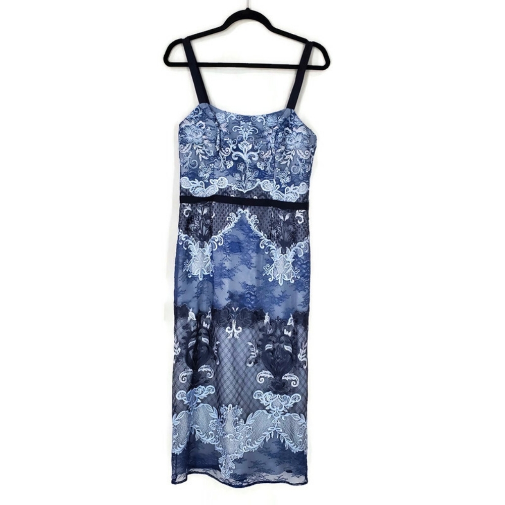 NWT Marchesa Notte 3D Embroidered Grosgrain Midi Cocktail Dress Blue Sz 8 - Picture 5 of 16